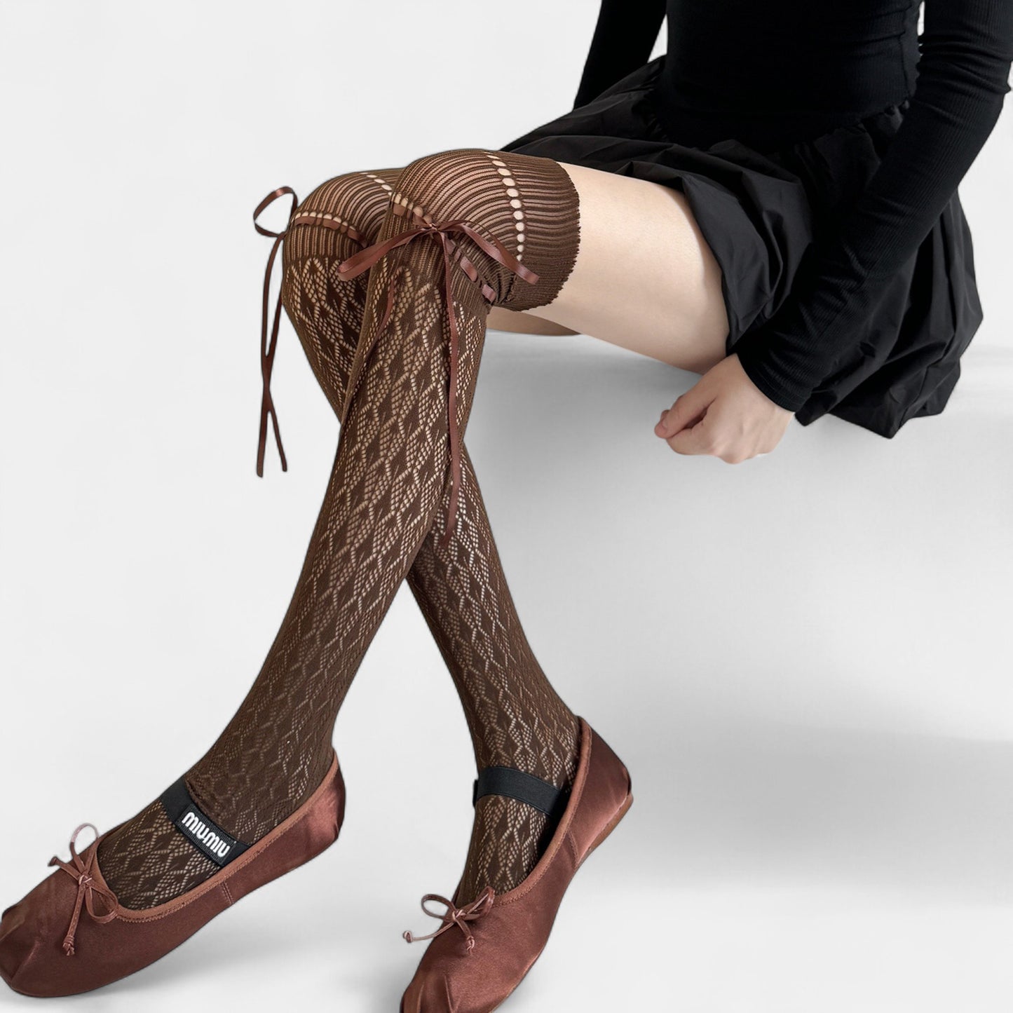 Over-the-Knee Knit Socks with Diamond Pattern and Ribbon Bow Detail
