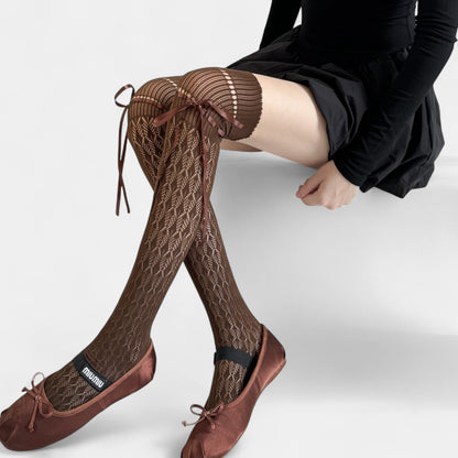 Over-the-Knee Knit Socks with Diamond Pattern and Ribbon Bow Detail