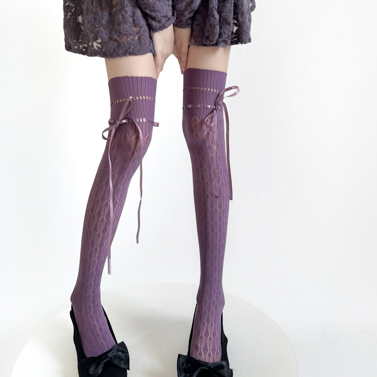 Over-the-Knee Knit Socks with Diamond Pattern and Ribbon Bow Detail
