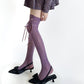 Over-the-Knee Knit Socks with Diamond Pattern and Ribbon Bow Detail