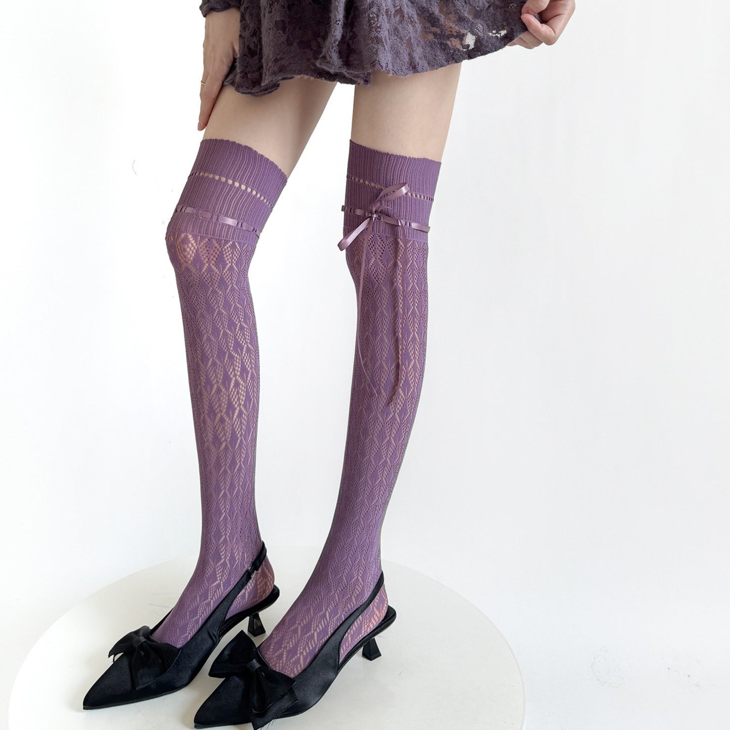 Over-the-Knee Knit Socks with Diamond Pattern and Ribbon Bow Detail