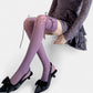 Over-the-Knee Knit Socks with Diamond Pattern and Ribbon Bow Detail