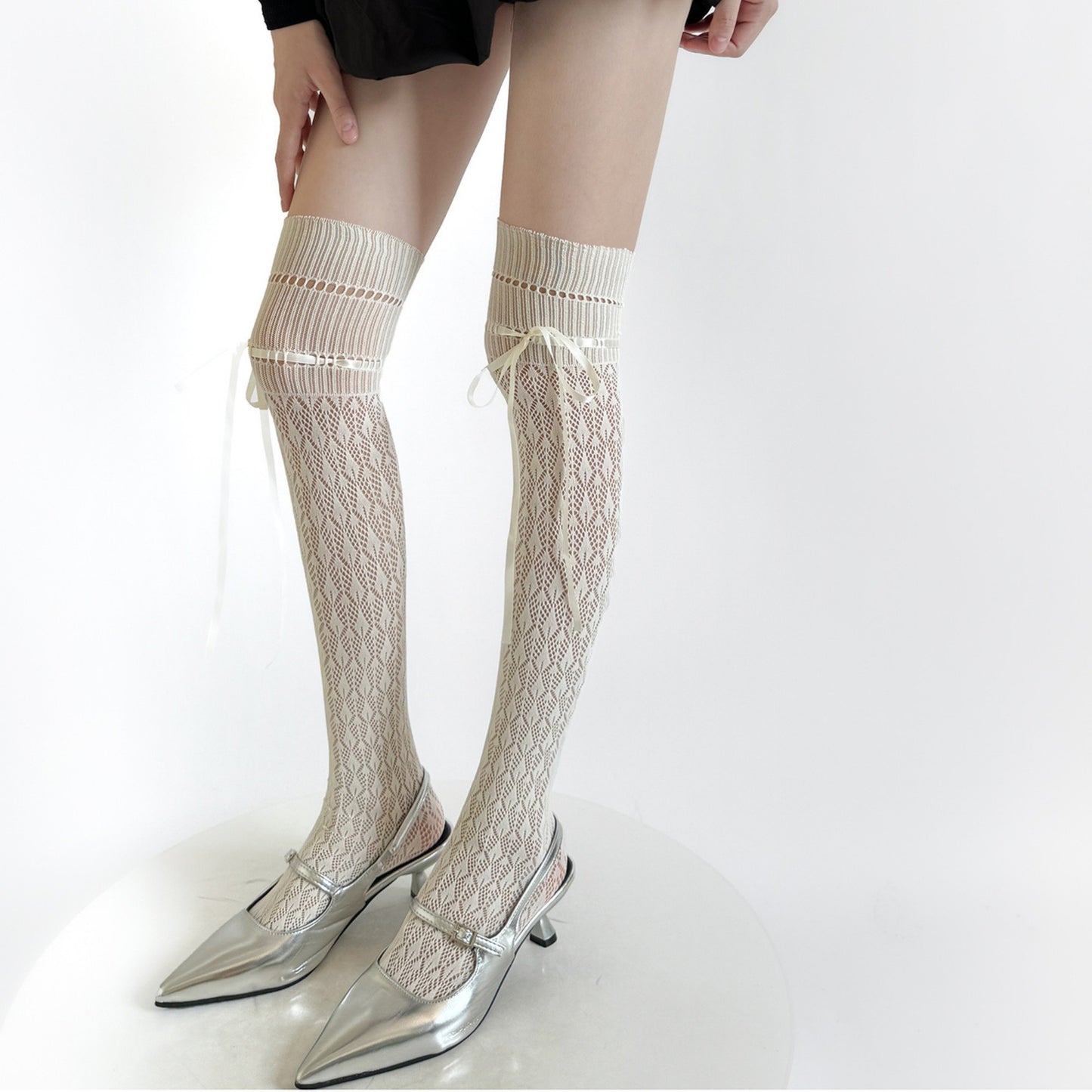 Over-the-Knee Knit Socks with Diamond Pattern and Ribbon Bow Detail