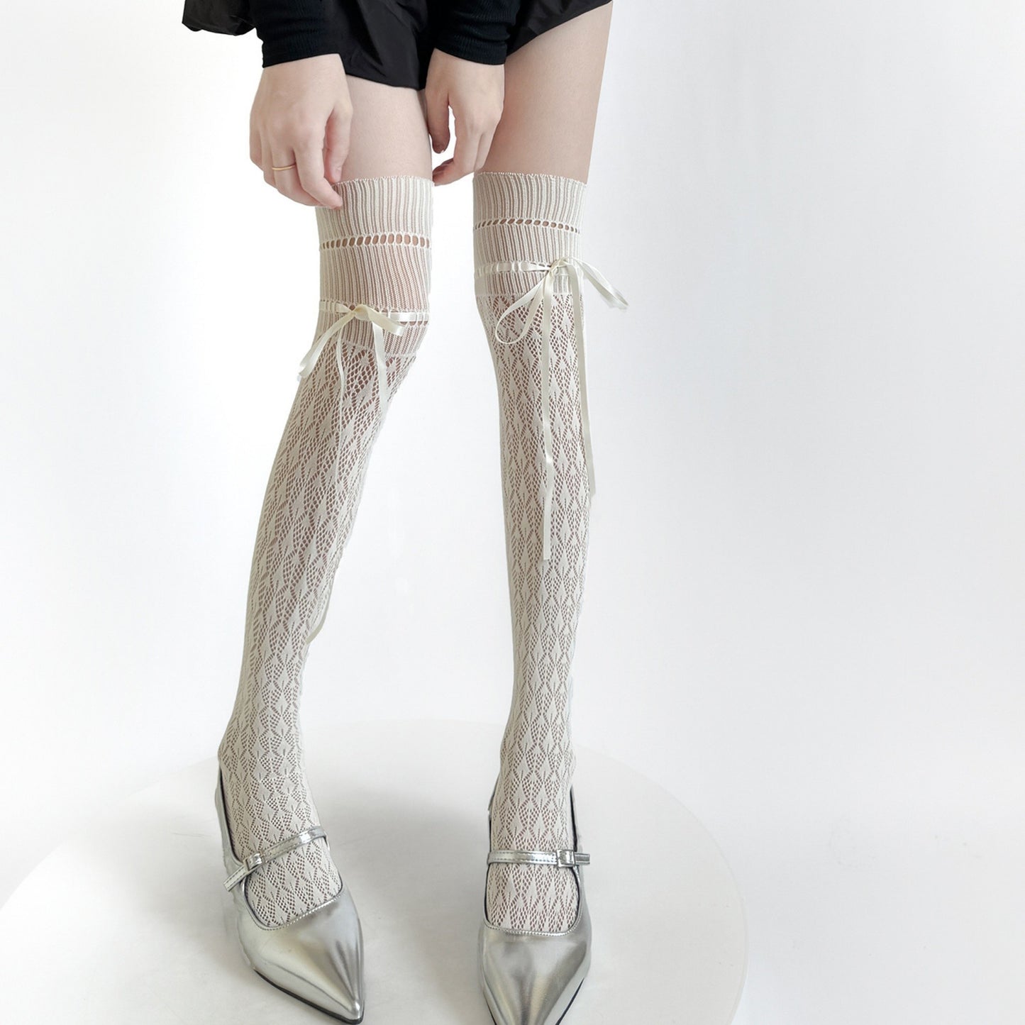 Over-the-Knee Knit Socks with Diamond Pattern and Ribbon Bow Detail