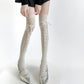 Over-the-Knee Knit Socks with Diamond Pattern and Ribbon Bow Detail