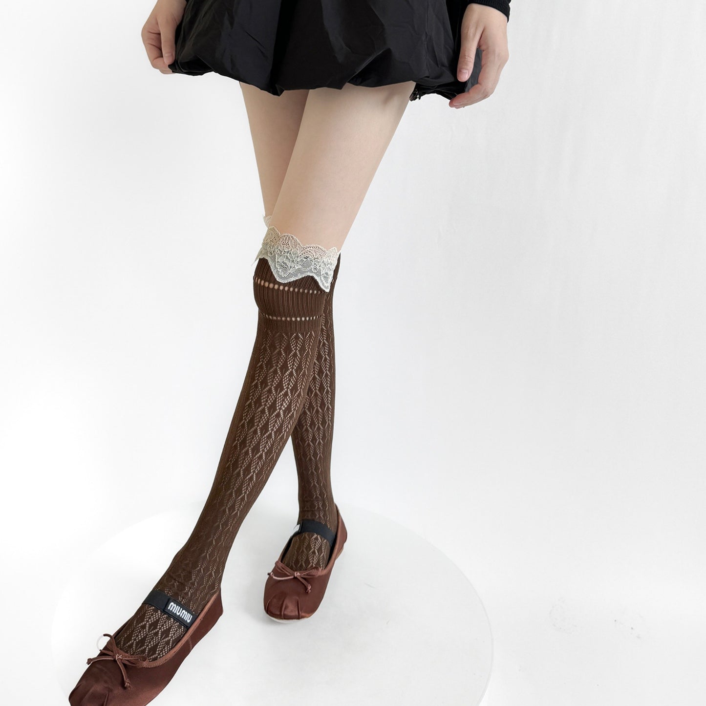 Over-the-Knee Lace Top Patterned Knit Socks with Delicate Scalloped Trim