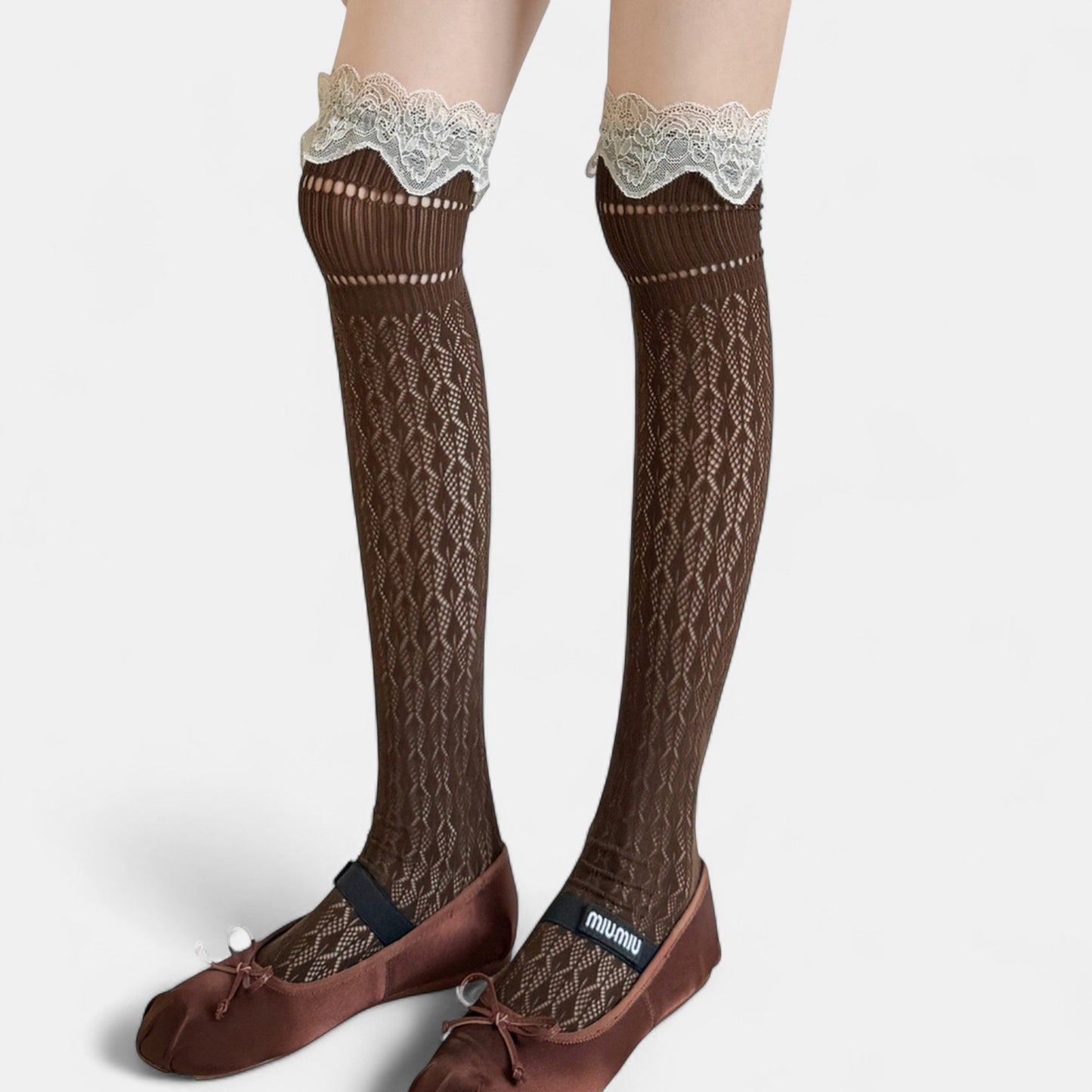 Over-the-Knee Lace Top Patterned Knit Socks with Delicate Scalloped Trim