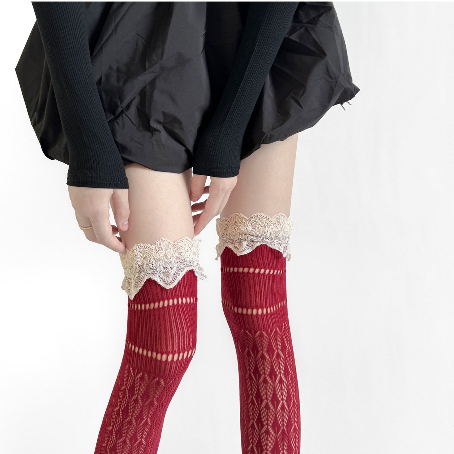 Over-the-Knee Lace Top Patterned Knit Socks with Delicate Scalloped Trim