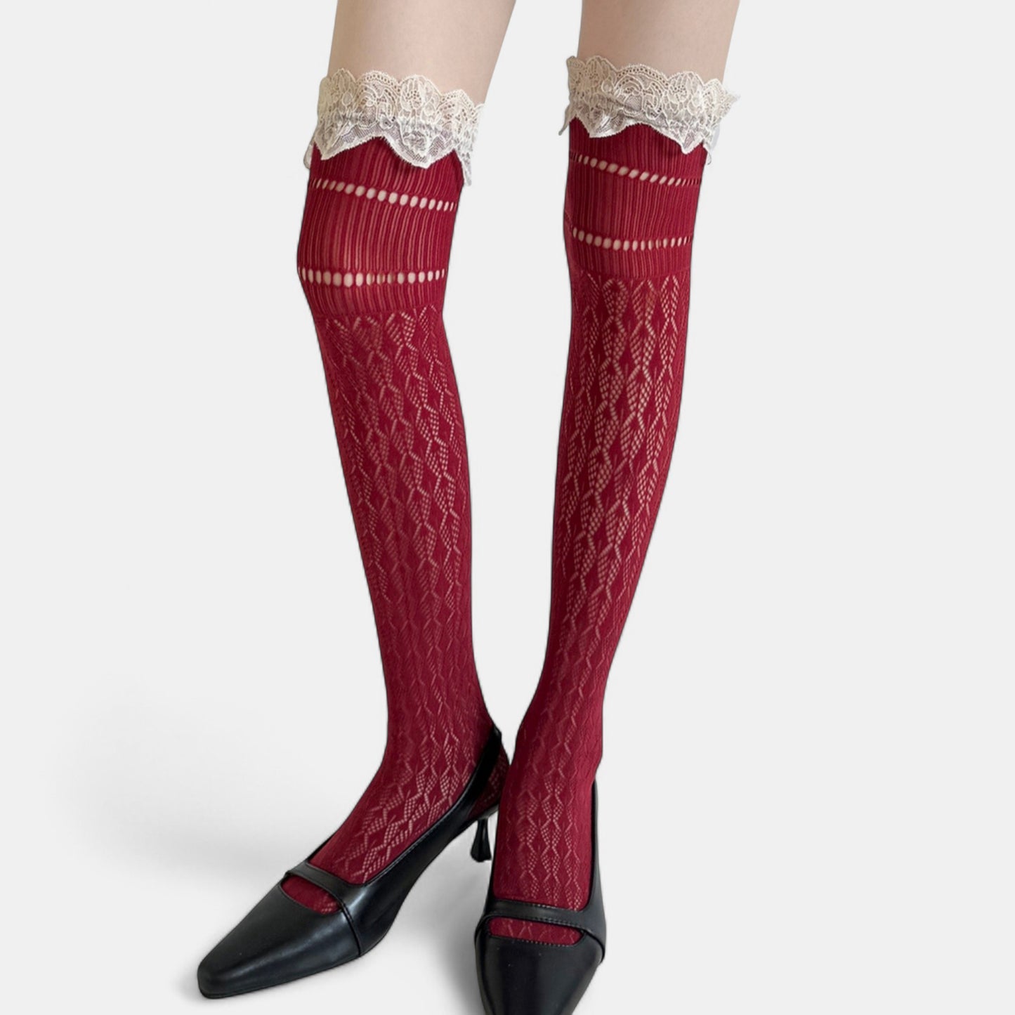 Over-the-Knee Lace Top Patterned Knit Socks with Delicate Scalloped Trim