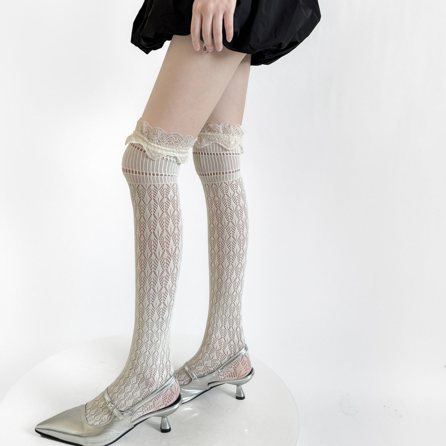Over-the-Knee Lace Top Patterned Knit Socks with Delicate Scalloped Trim