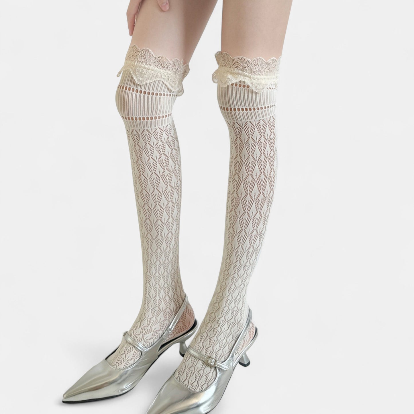 Over-the-Knee Lace Top Patterned Knit Socks with Delicate Scalloped Trim