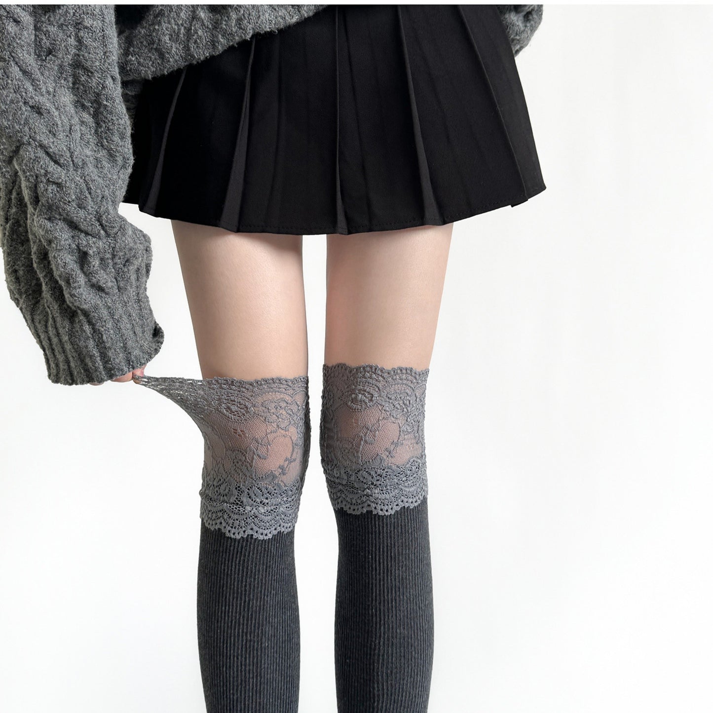 Over-the-Knee Ribbed Knit Socks with Lace Trim Detail and Stretch Fit