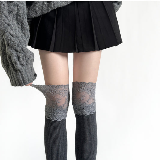 Over-the-Knee Ribbed Knit Socks with Lace Trim Detail and Stretch Fit