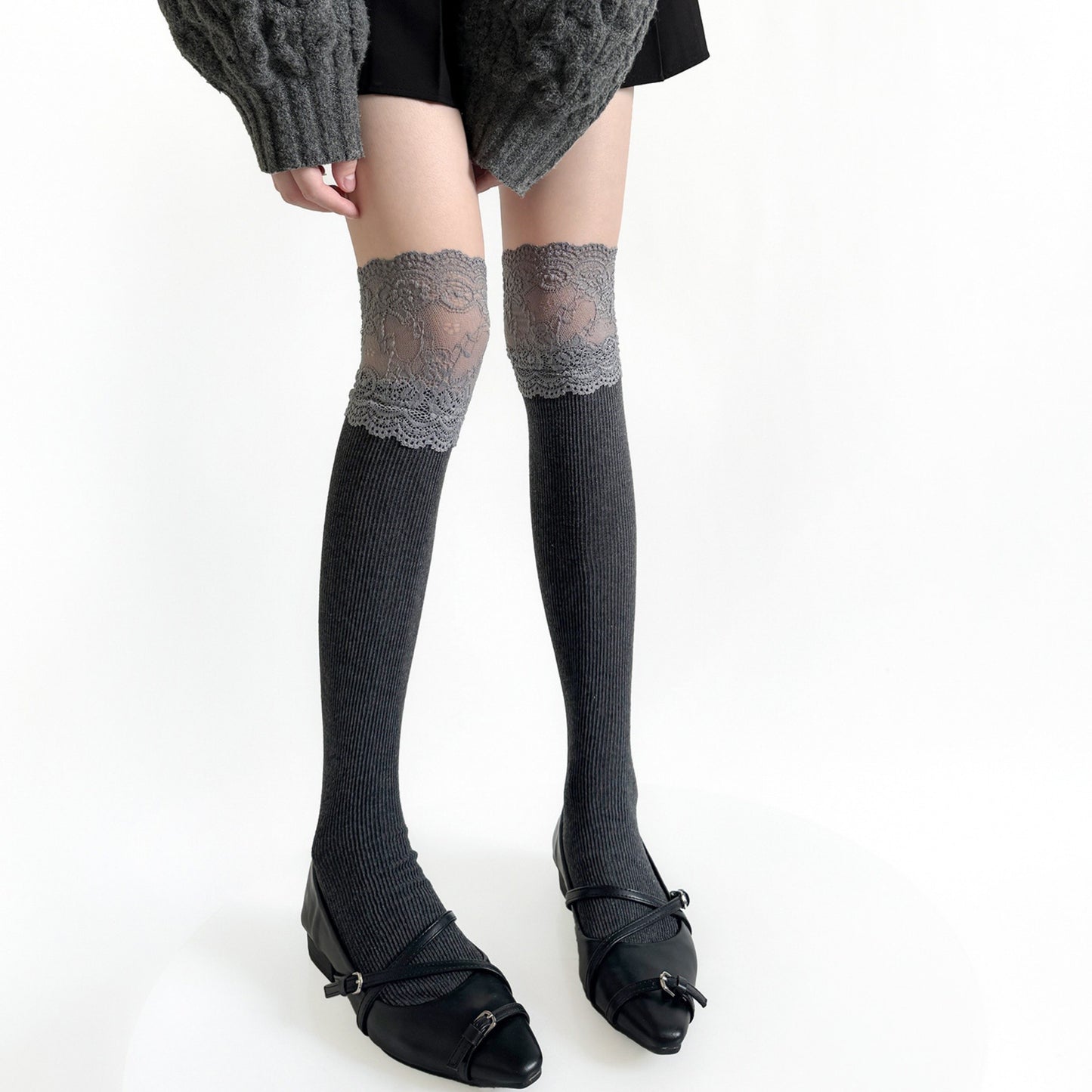 Over-the-Knee Ribbed Knit Socks with Lace Trim Detail and Stretch Fit