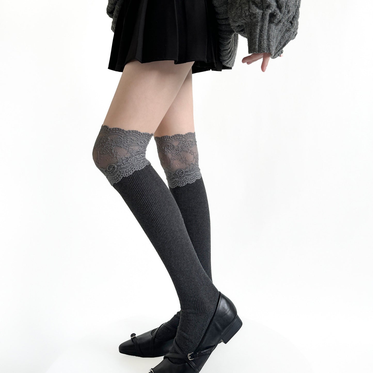 Over-the-Knee Ribbed Knit Socks with Lace Trim Detail and Stretch Fit