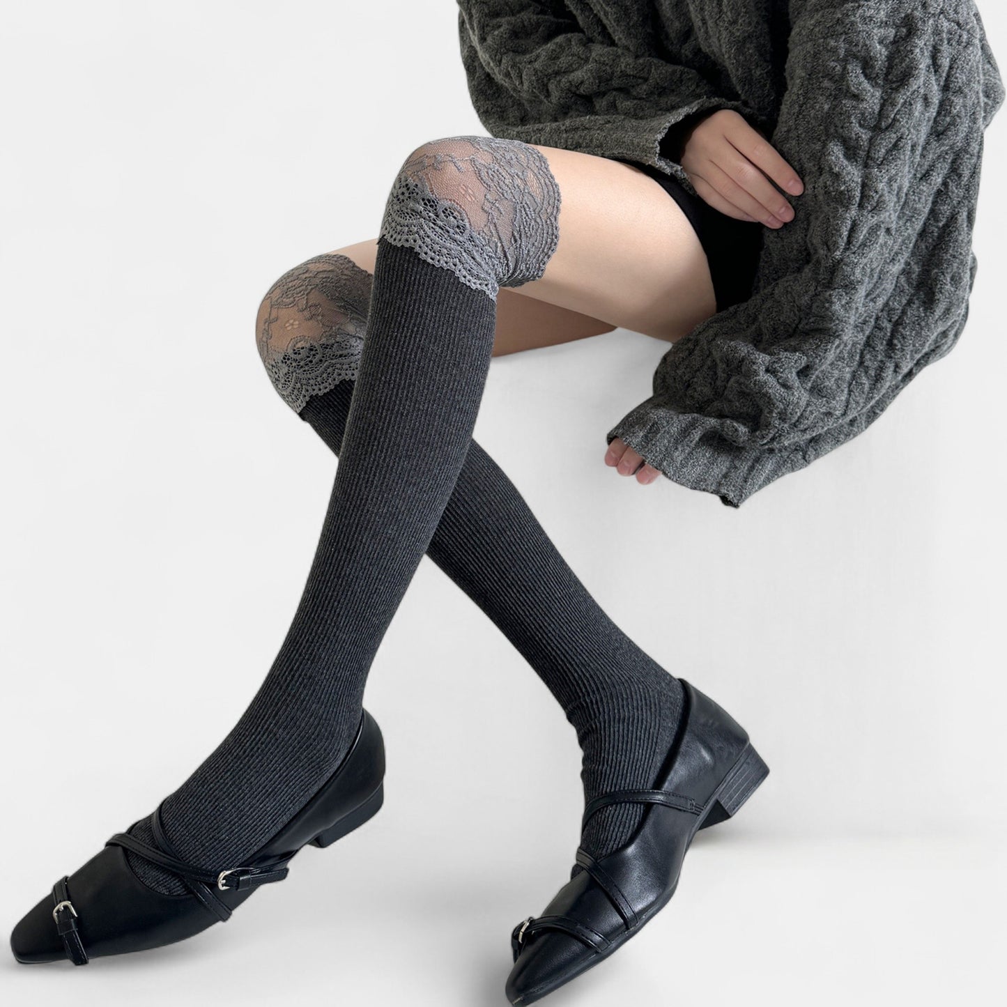 Over-the-Knee Ribbed Knit Socks with Lace Trim Detail and Stretch Fit