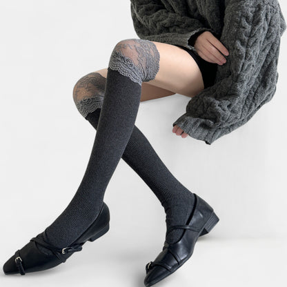 Over-the-Knee Ribbed Knit Socks with Lace Trim Detail and Stretch Fit