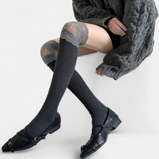Over-the-Knee Ribbed Knit Socks with Lace Trim Detail and Stretch Fit