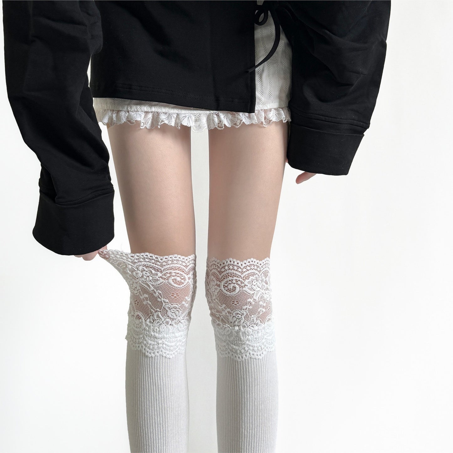 Over-the-Knee Ribbed Knit Socks with Lace Trim Detail and Stretch Fit