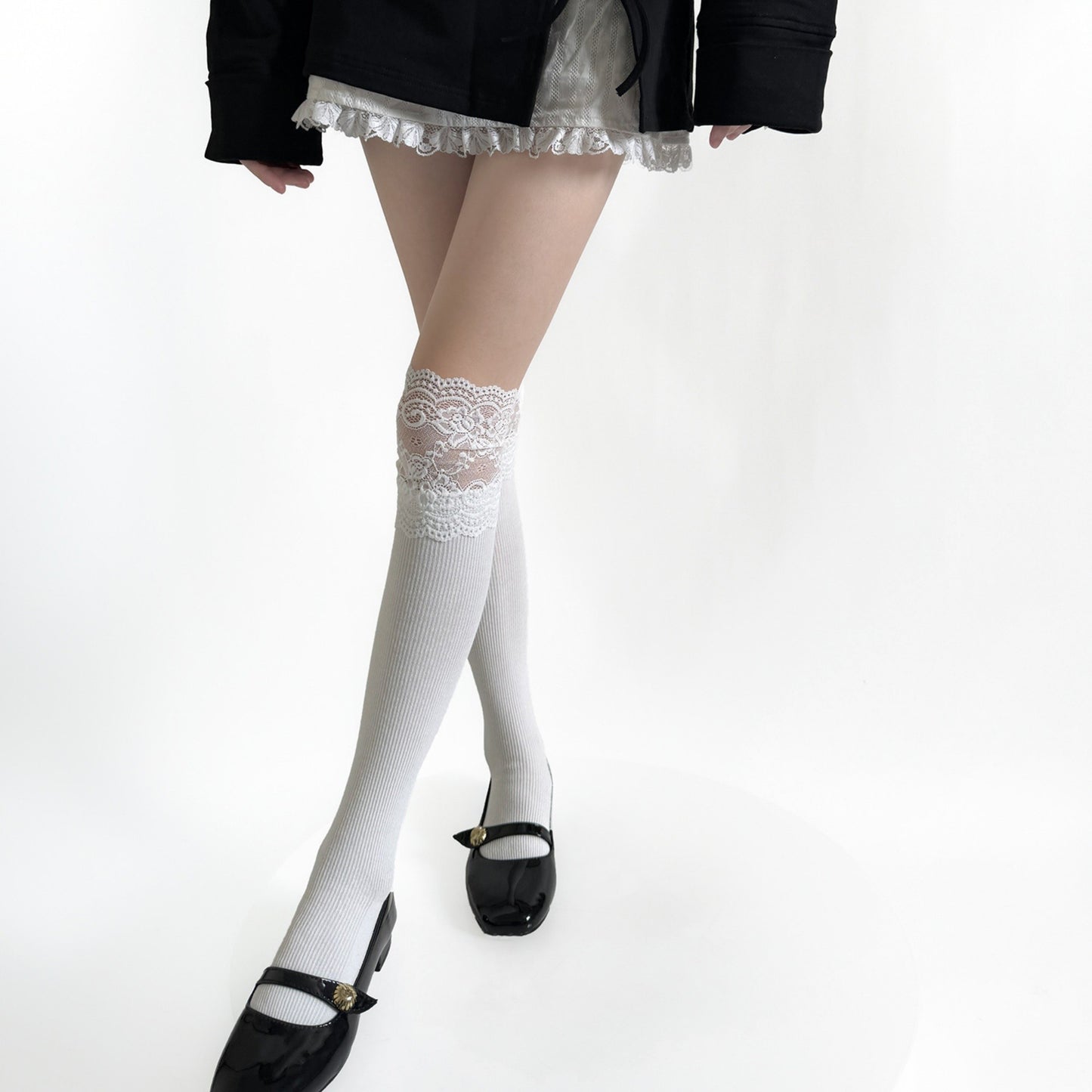 Over-the-Knee Ribbed Knit Socks with Lace Trim Detail and Stretch Fit