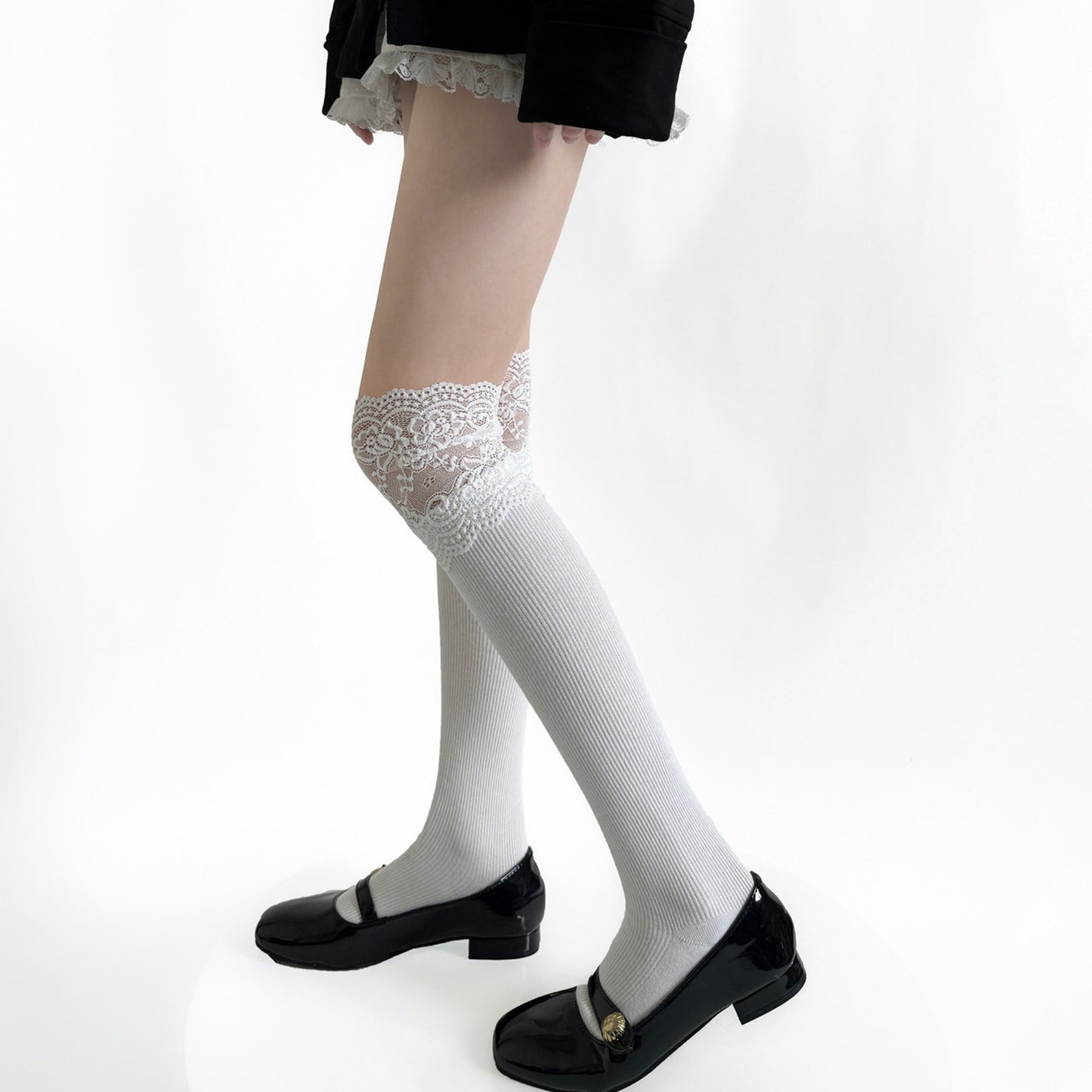 Over-the-Knee Ribbed Knit Socks with Lace Trim Detail and Stretch Fit