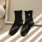 6pk Mustard Crew Socks with Ruffled Cuff and Daisy Embroidery