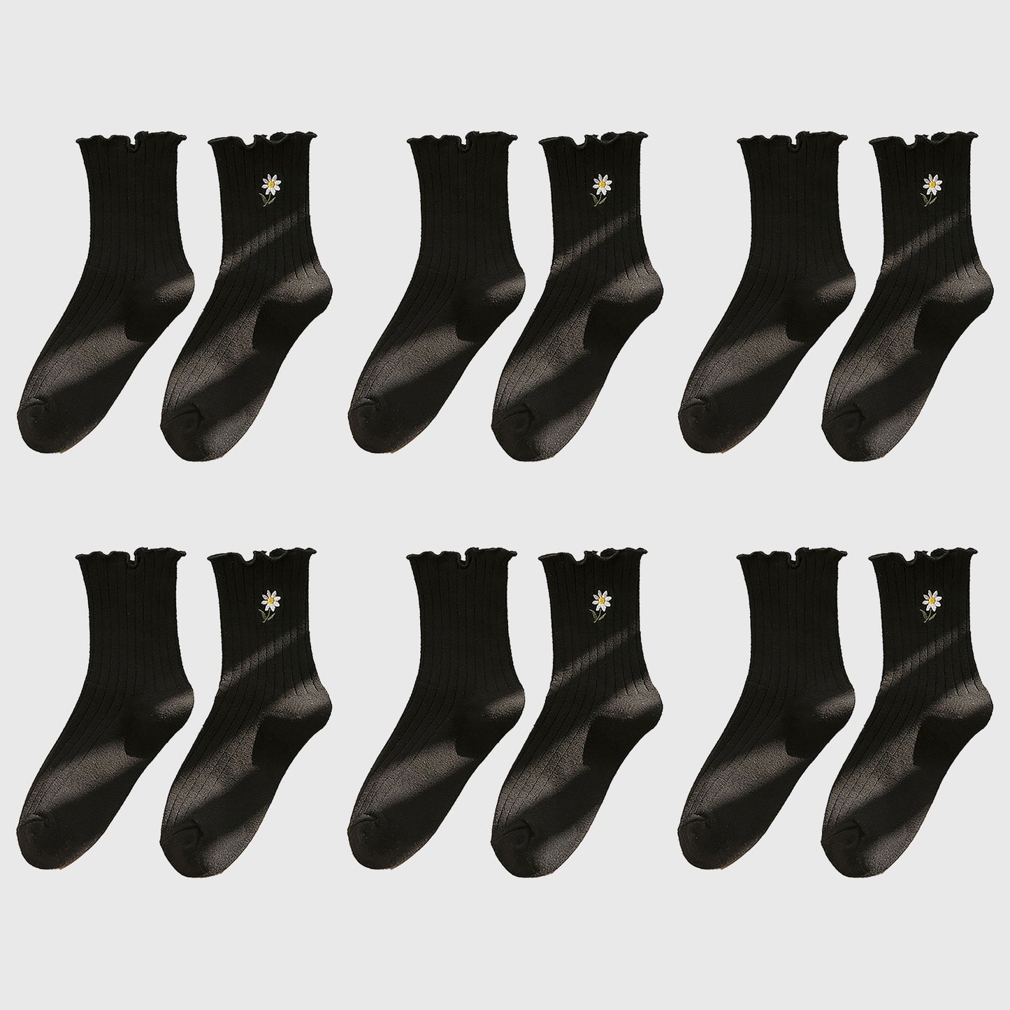 6pk Mustard Crew Socks with Ruffled Cuff and Daisy Embroidery