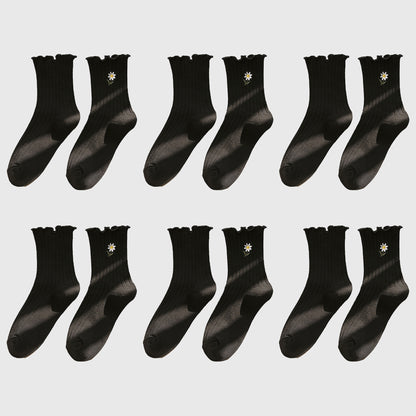 6pk Mustard Crew Socks with Ruffled Cuff and Daisy Embroidery