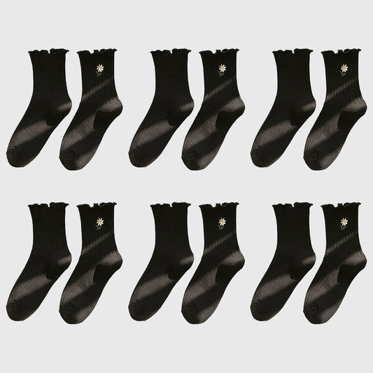 6pk Mustard Crew Socks with Ruffled Cuff and Daisy Embroidery