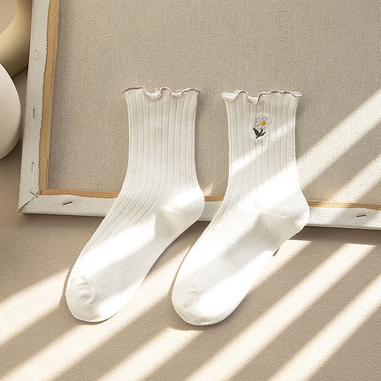 6pk Mustard Crew Socks with Ruffled Cuff and Daisy Embroidery