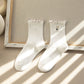 6pk Mustard Crew Socks with Ruffled Cuff and Daisy Embroidery