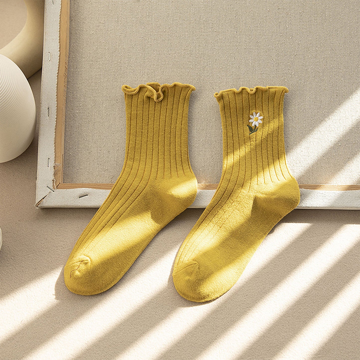 6pk Mustard Crew Socks with Ruffled Cuff and Daisy Embroidery