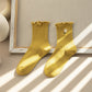 6pk Mustard Crew Socks with Ruffled Cuff and Daisy Embroidery