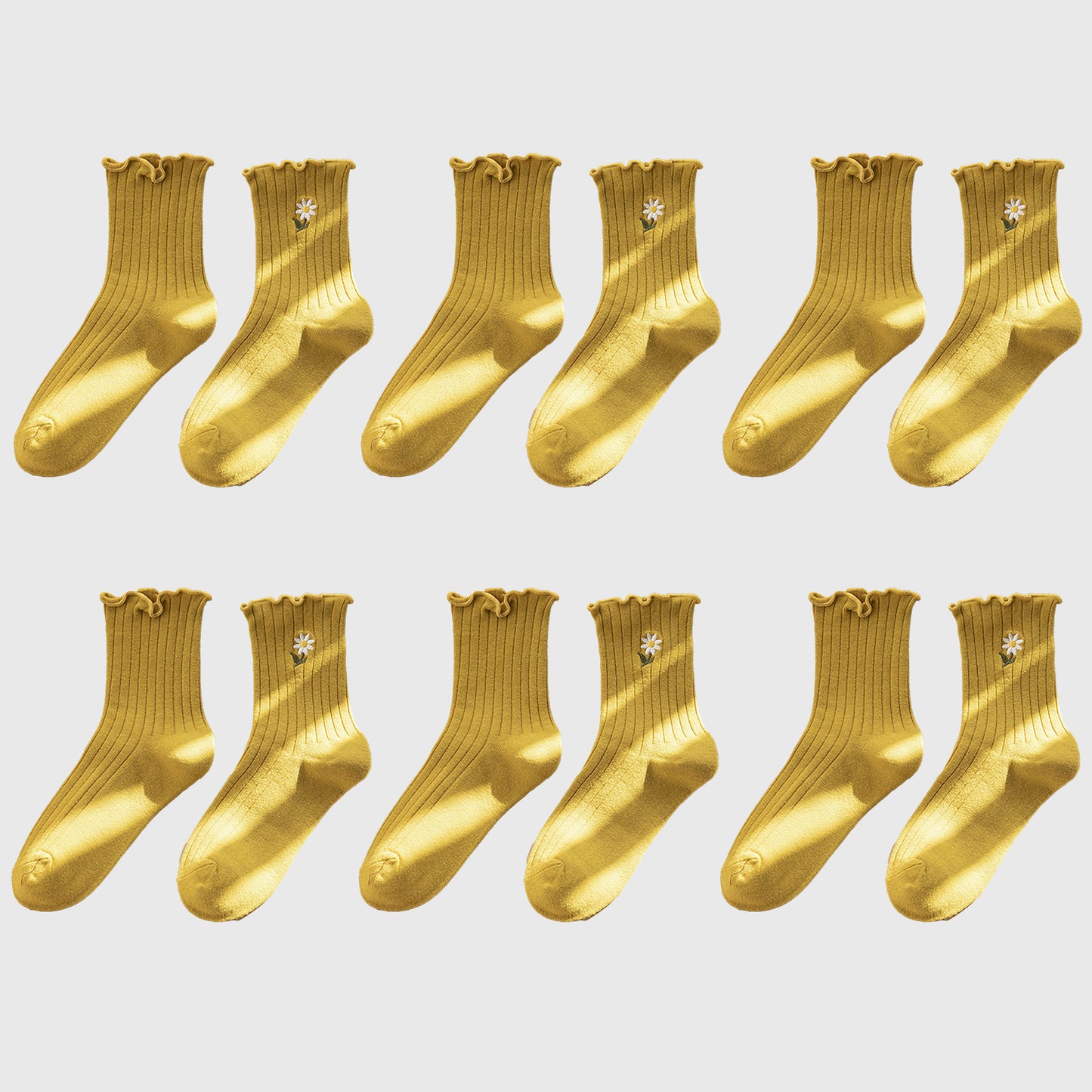 6pk Mustard Crew Socks with Ruffled Cuff and Daisy Embroidery