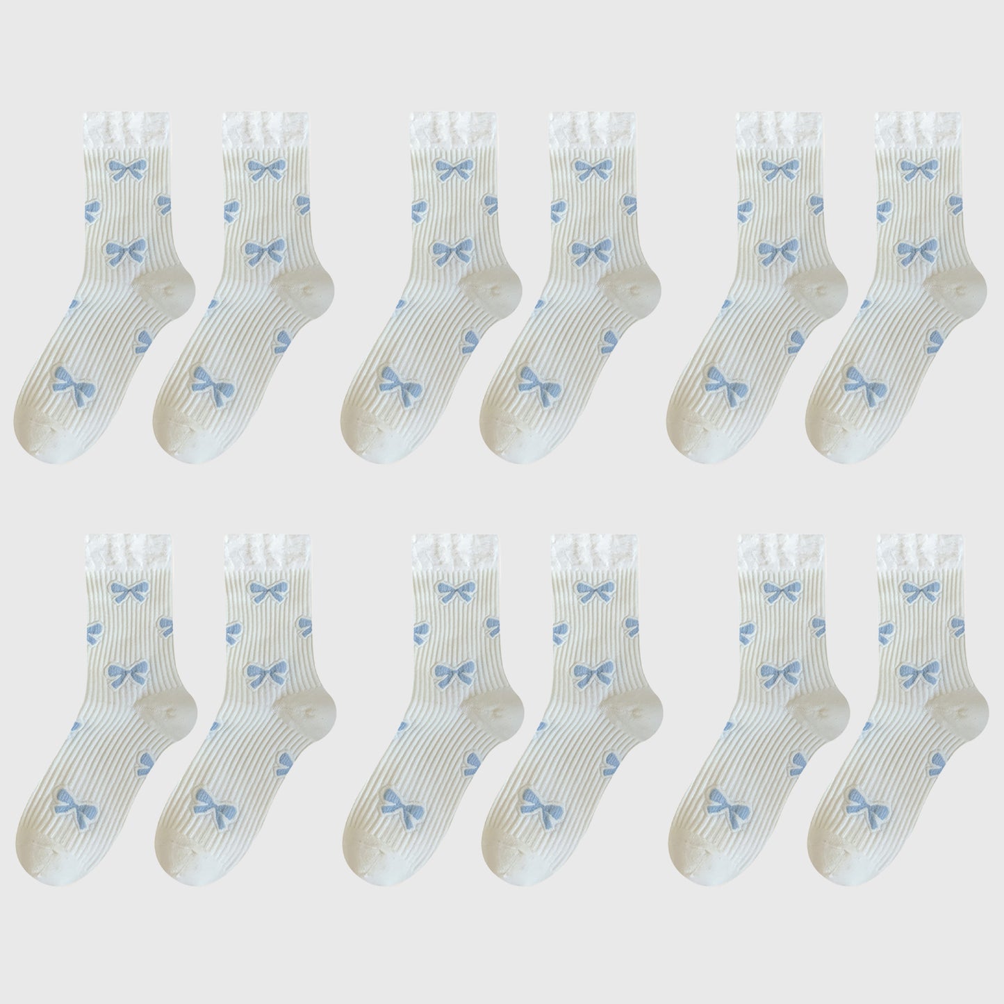 6-Pair Bow Pattern Crew Socks with Fuzzy Ruffled Cuff