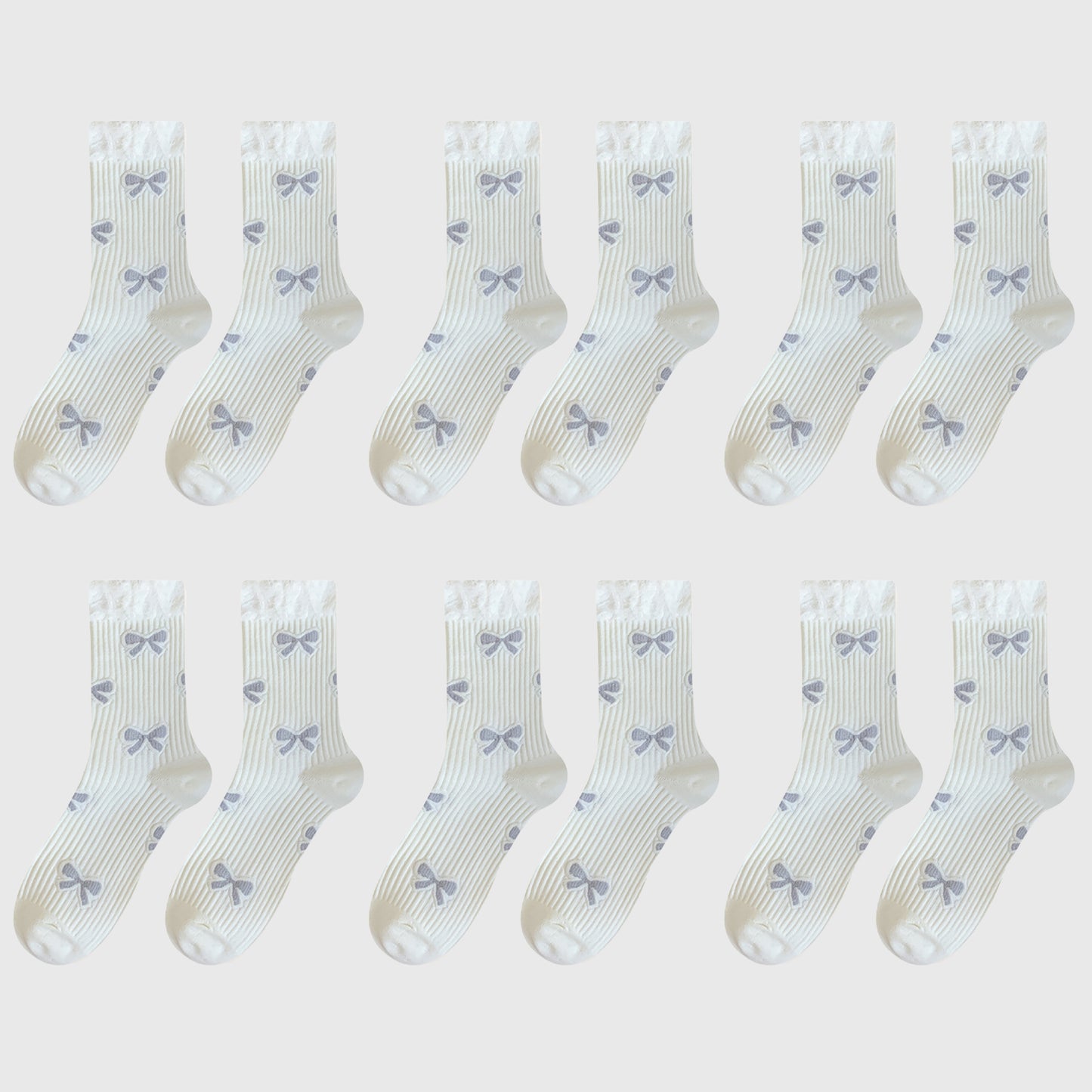 6-Pair Bow Pattern Crew Socks with Fuzzy Ruffled Cuff