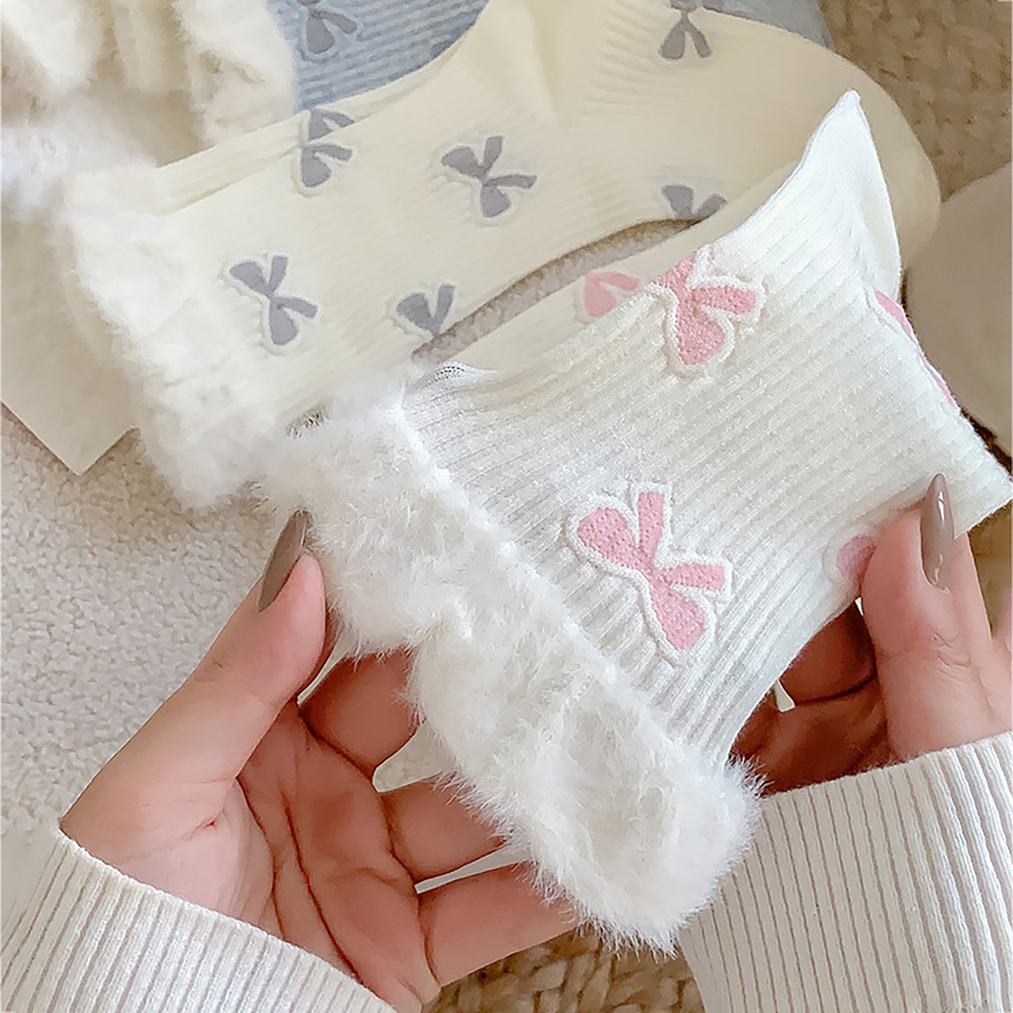 6-Pair Bow Pattern Crew Socks with Fuzzy Ruffled Cuff