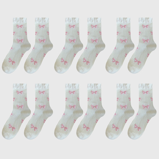 6-Pair Bow Pattern Crew Socks with Fuzzy Ruffled Cuff