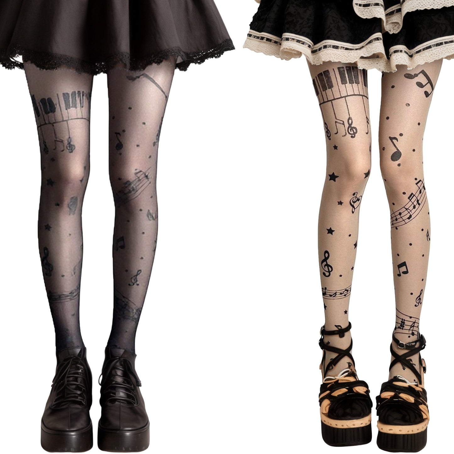 2pcs Women's Sheer Tights with Musical Note and Piano Pattern Design
