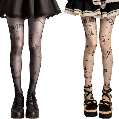 2pcs Women's Sheer Tights with Musical Note and Piano Pattern Design