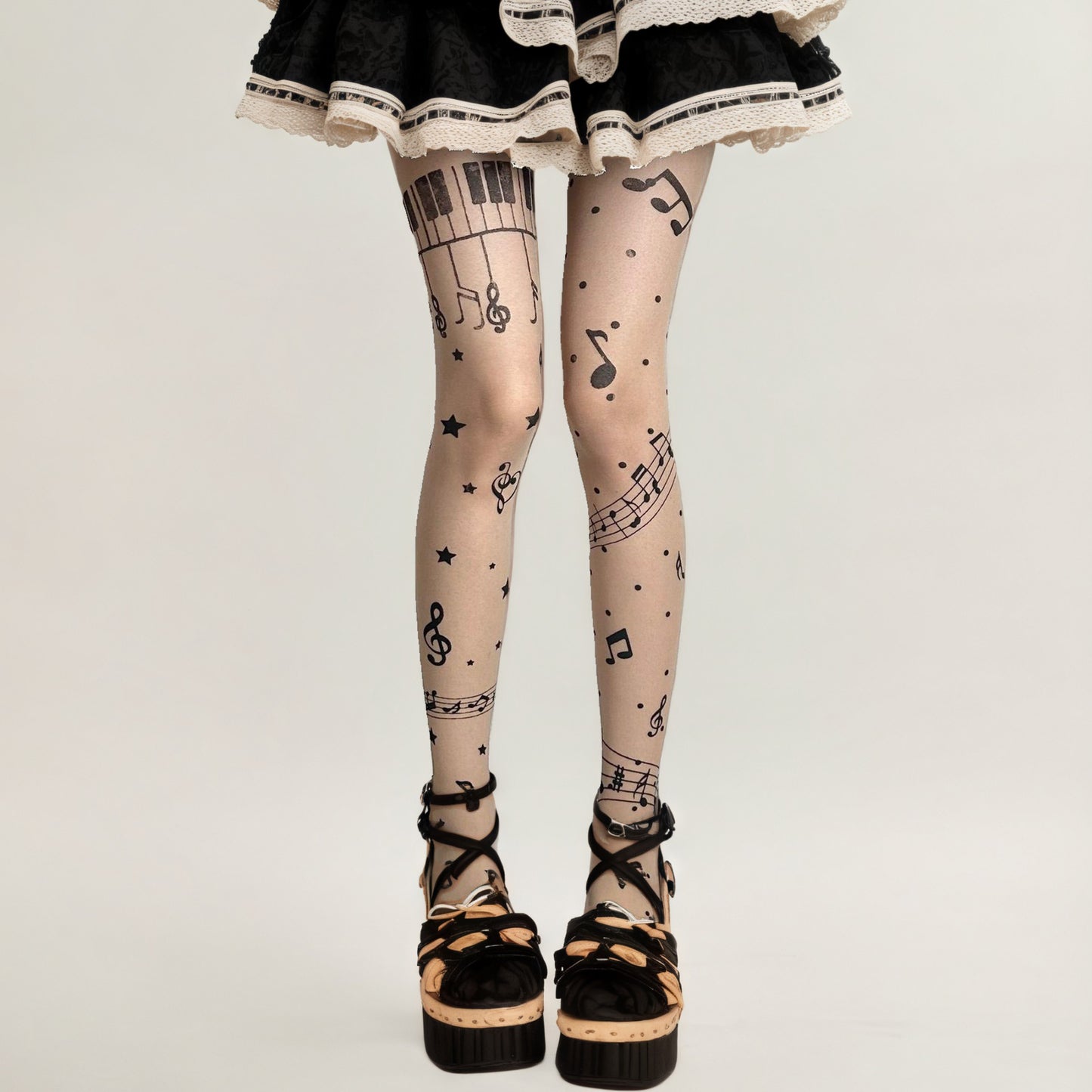 Sheer Tights with Musical Note and Piano Pattern Design