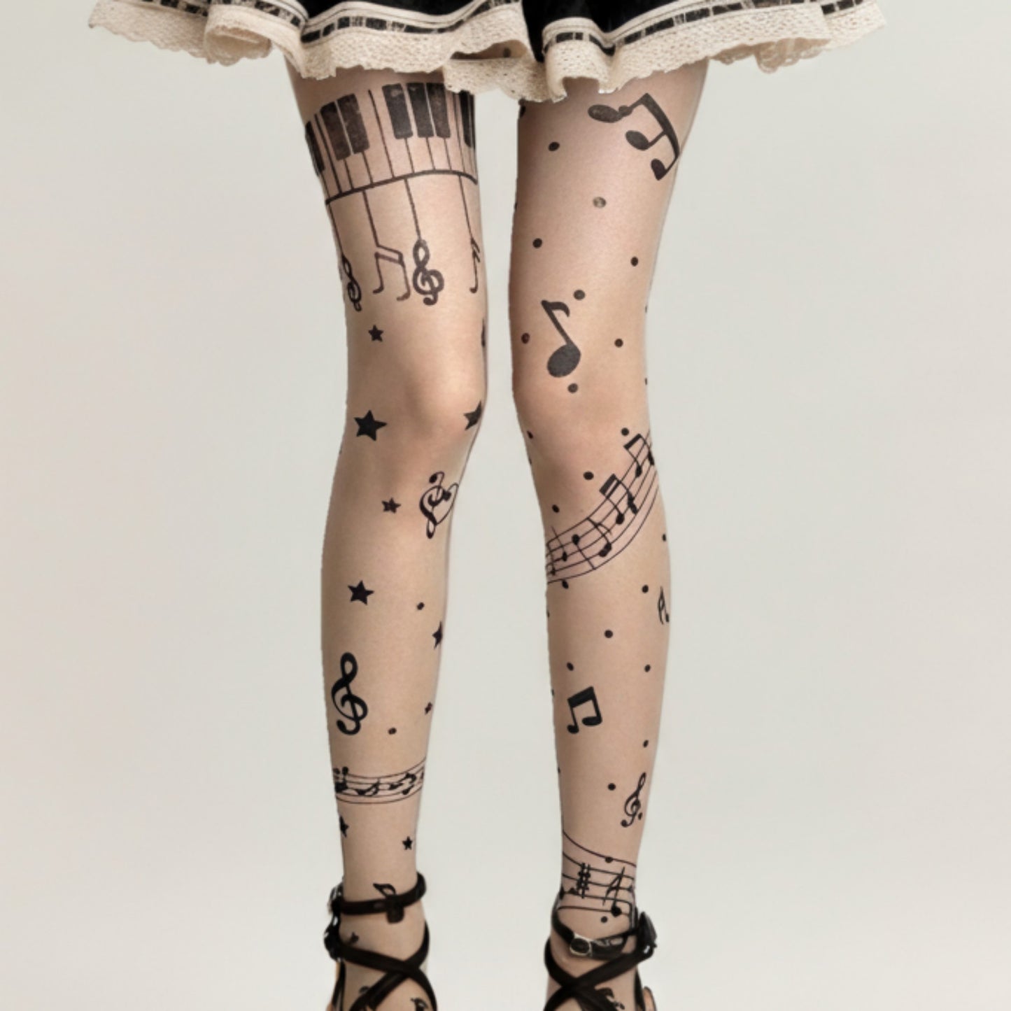 Sheer Tights with Musical Note and Piano Pattern Design
