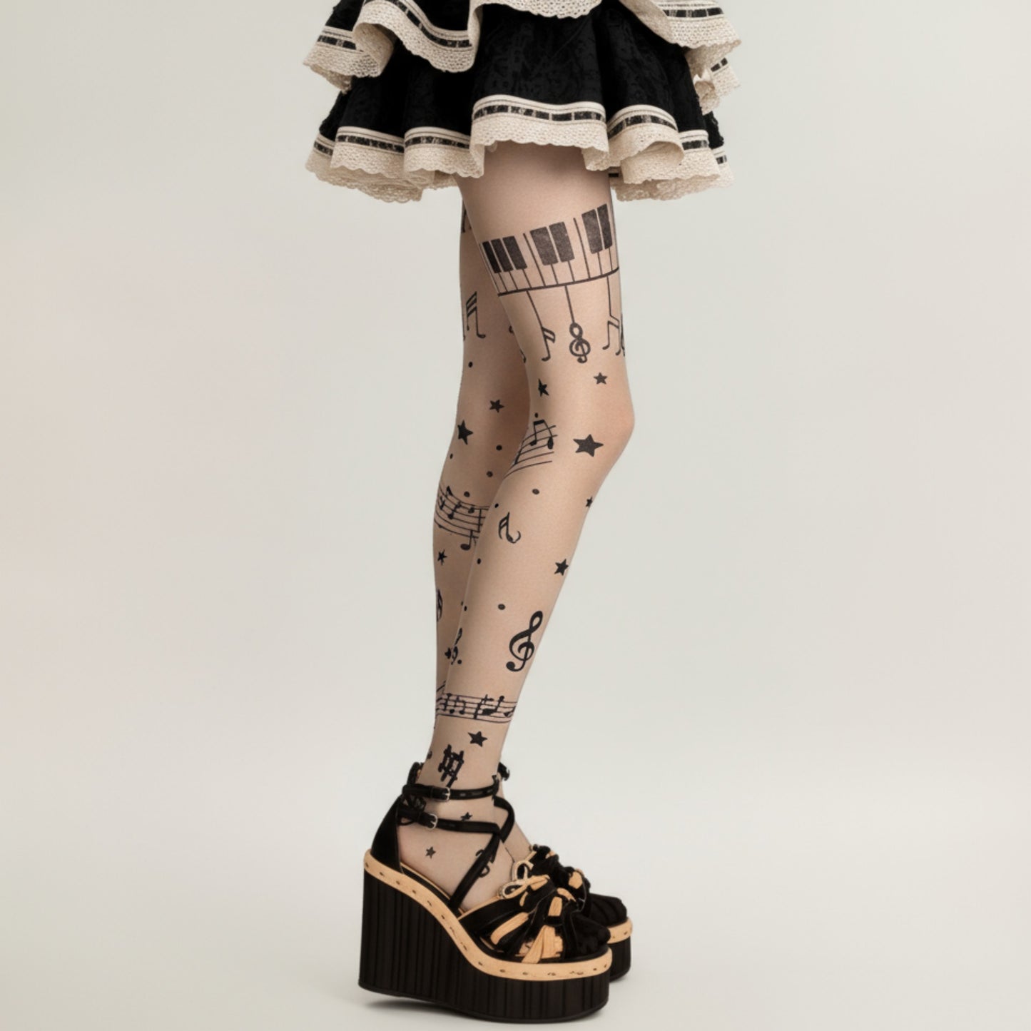 Sheer Tights with Musical Note and Piano Pattern Design