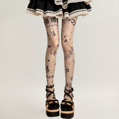 Sheer Tights with Musical Note and Piano Pattern Design