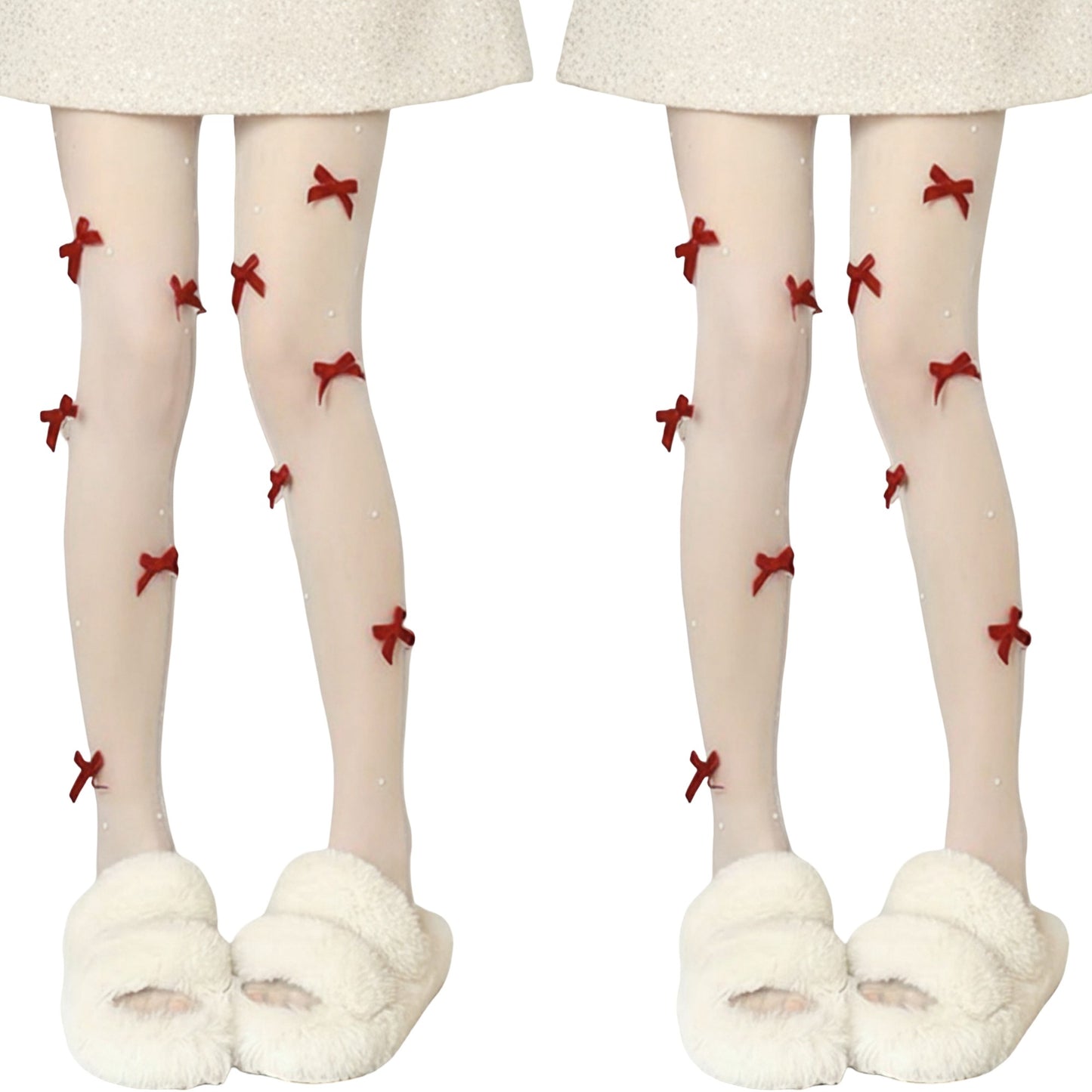 2pcs Women's Sheer Tights with Velvet Bow and Pearl Accent Details