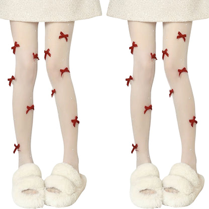 2pcs Women's Sheer Tights with Velvet Bow and Pearl Accent Details
