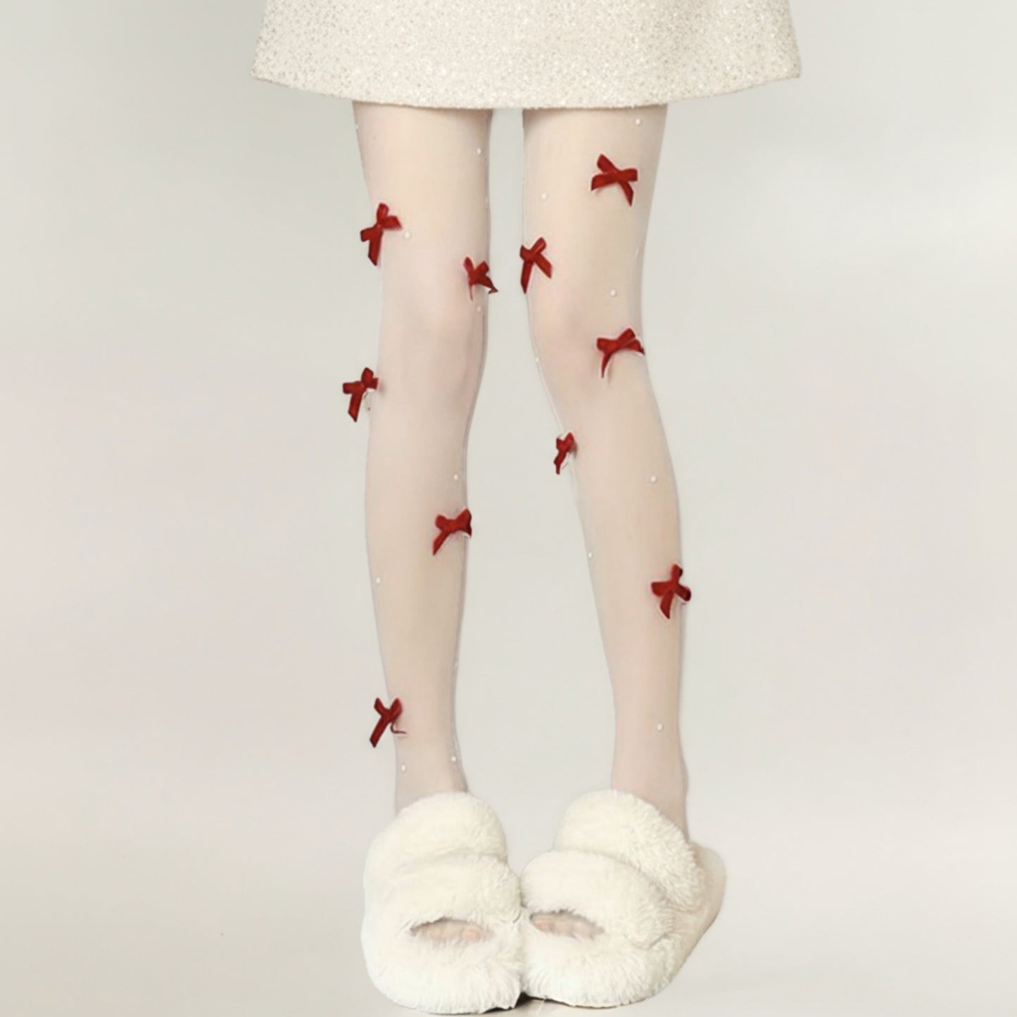 Sheer Tights with Velvet Bow and Pearl Accent Details