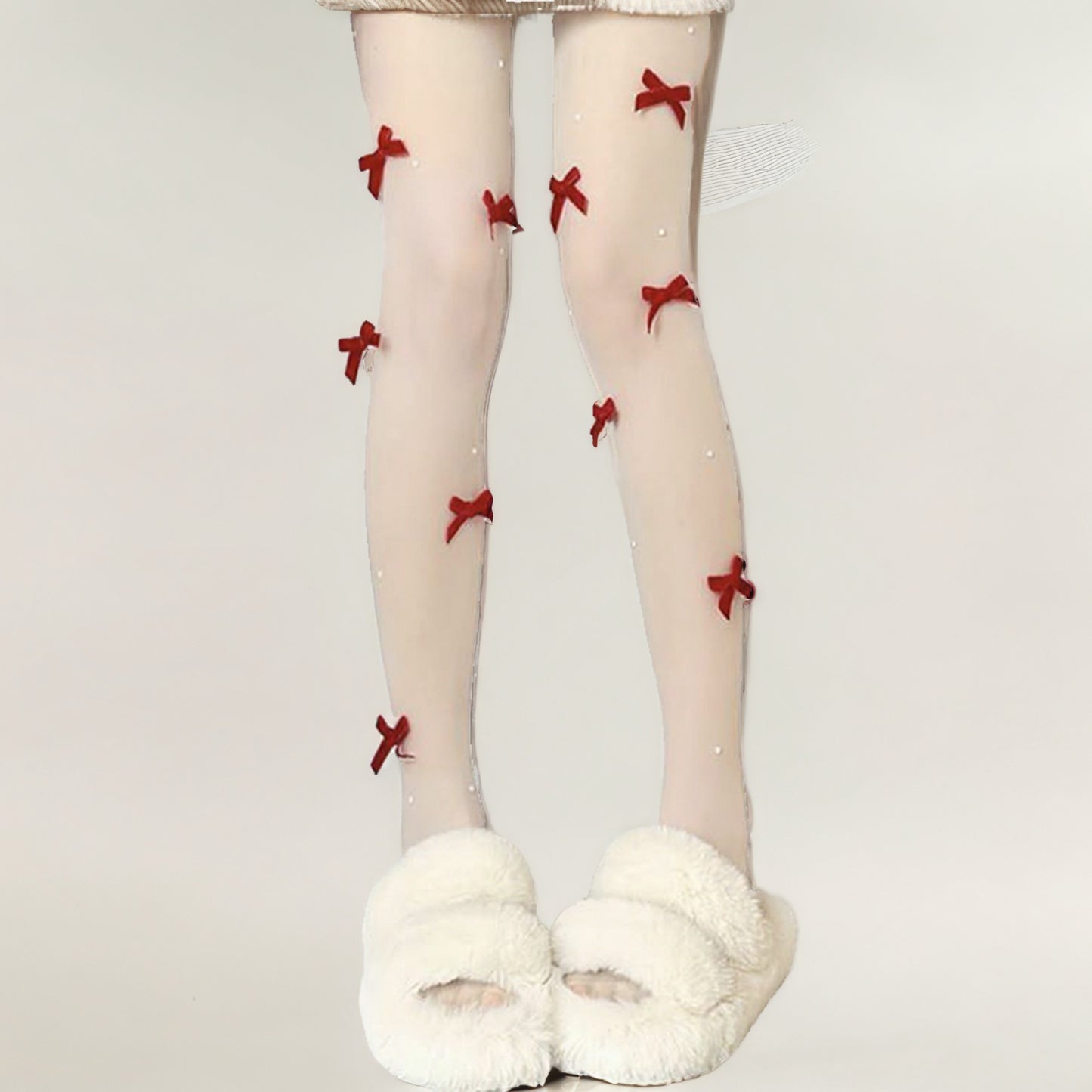 Sheer Tights with Velvet Bow and Pearl Accent Details