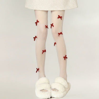 Sheer Tights with Velvet Bow and Pearl Accent Details