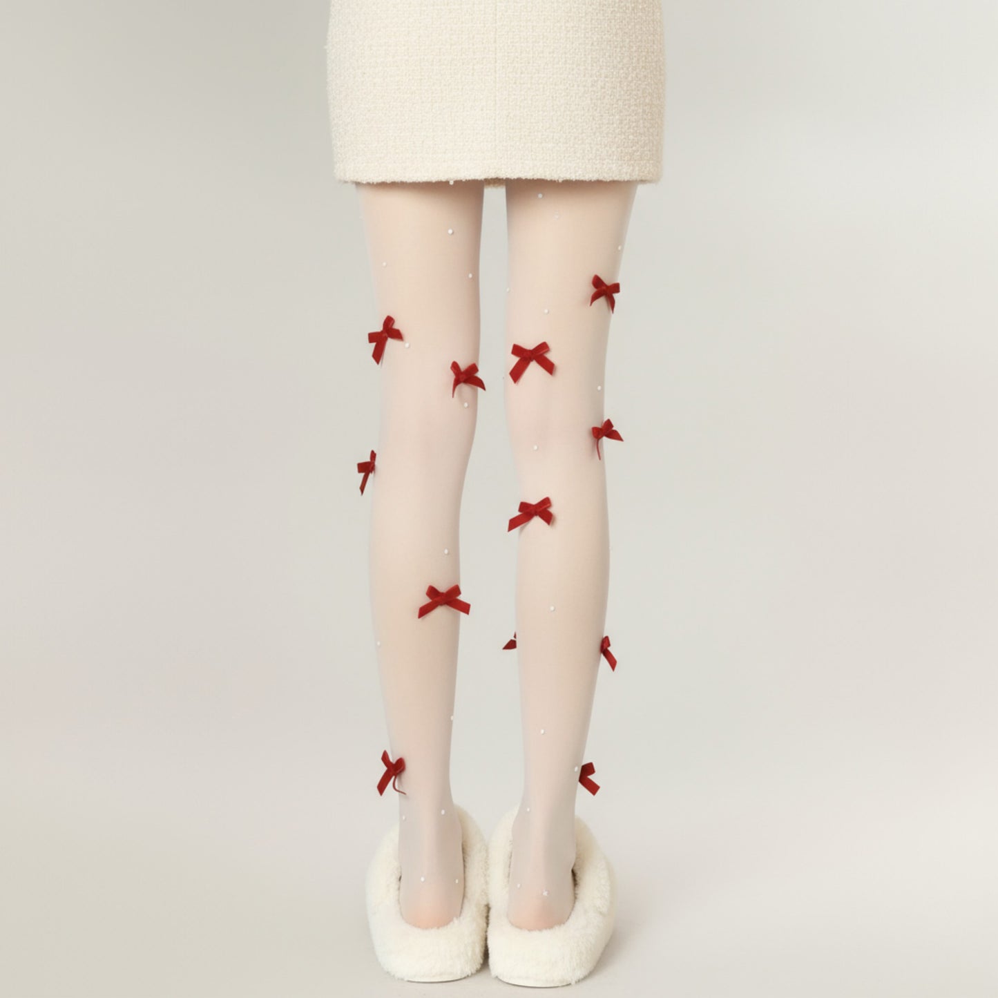 Sheer Tights with Velvet Bow and Pearl Accent Details
